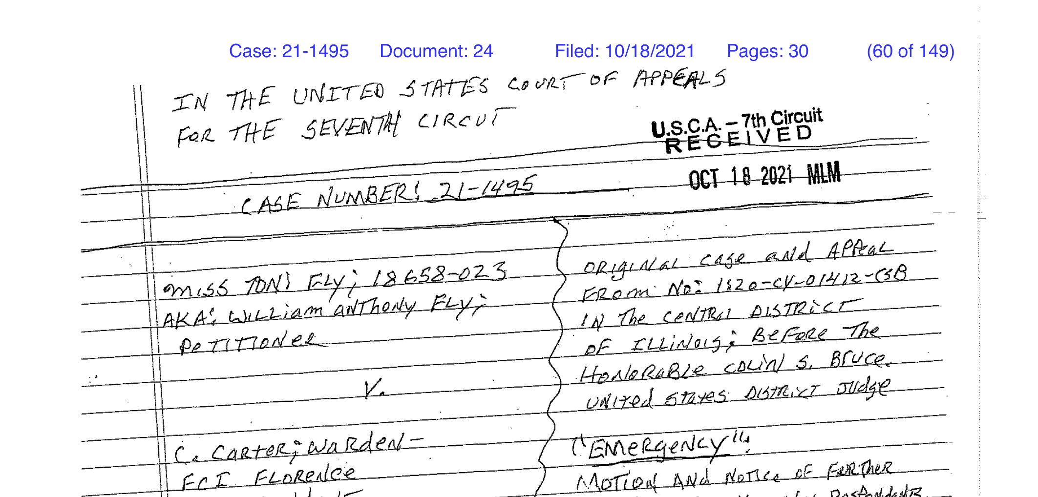 Fly v. Carter filing header — Case 21-1495, 7th Circuit