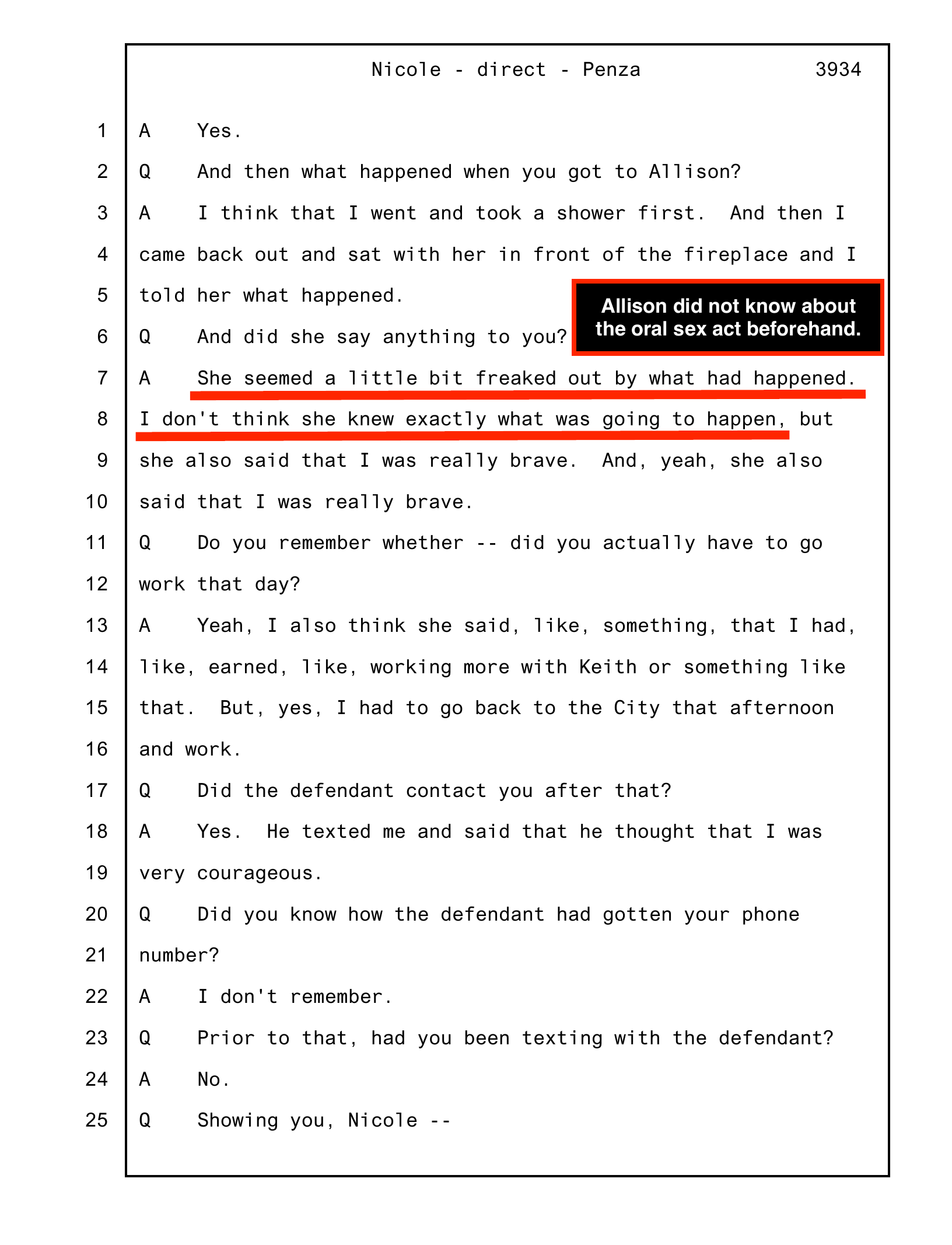 Nicole testimony, Tr. 3934 — Allison did not know beforehand