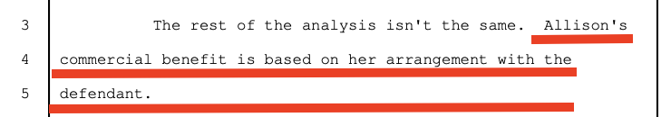 Government closing — Allison's commercial benefit is based on her arrangement with the defendant, same as Nicole