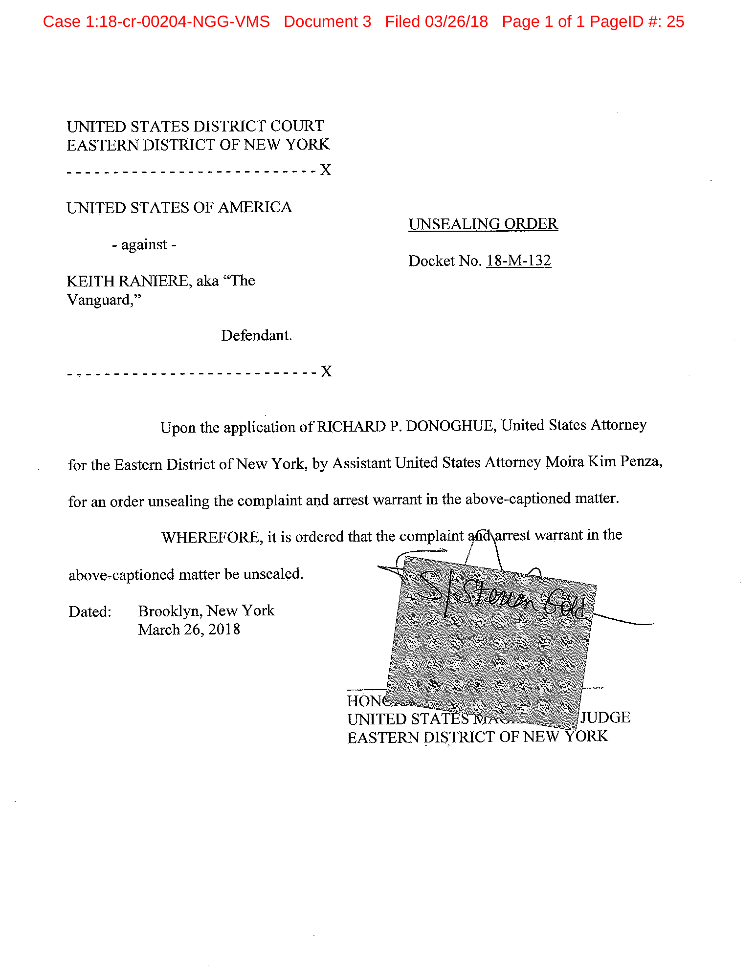 Court unsealing order, signed by Hon. Steven M. Gold, dated March 26, 2018