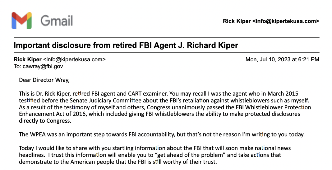 Email from retired FBI unit chief Dr. James Richard Kiper to FBI Director Christopher Wray warning that an evidence-tampering scandal was being covered up