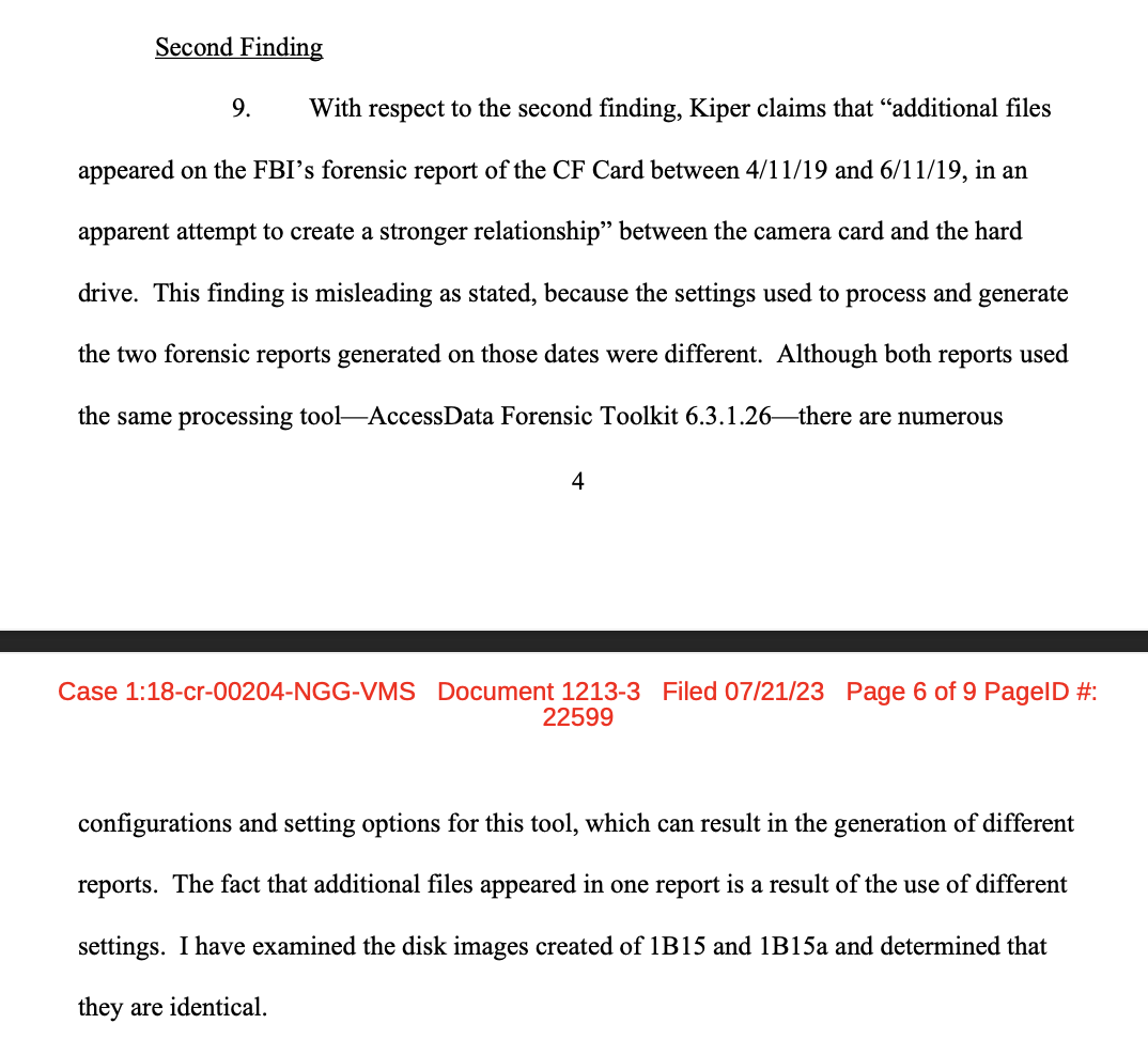 Loveall Finding 2 — 'different settings' with no specifics; 'disk images of 1B15 and 1B15a... identical' with no method or hash values