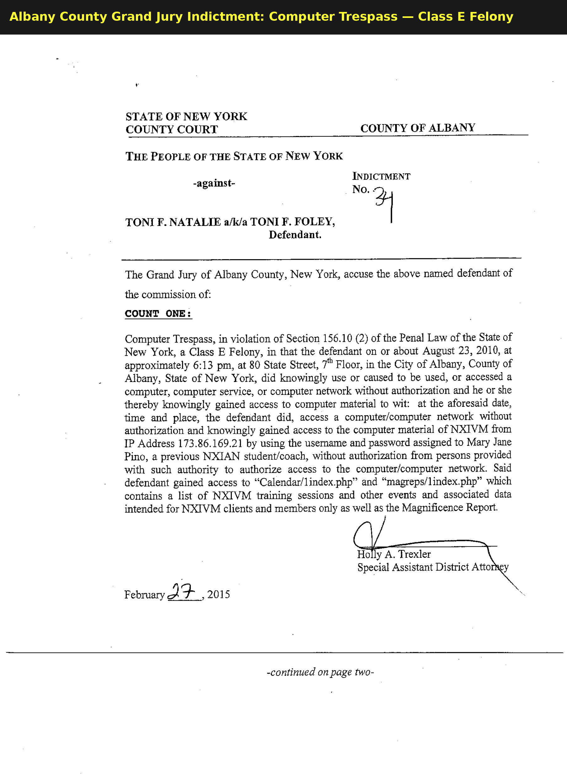 Albany County grand jury indictment — 7 counts of Computer Trespass, February 27, 2015