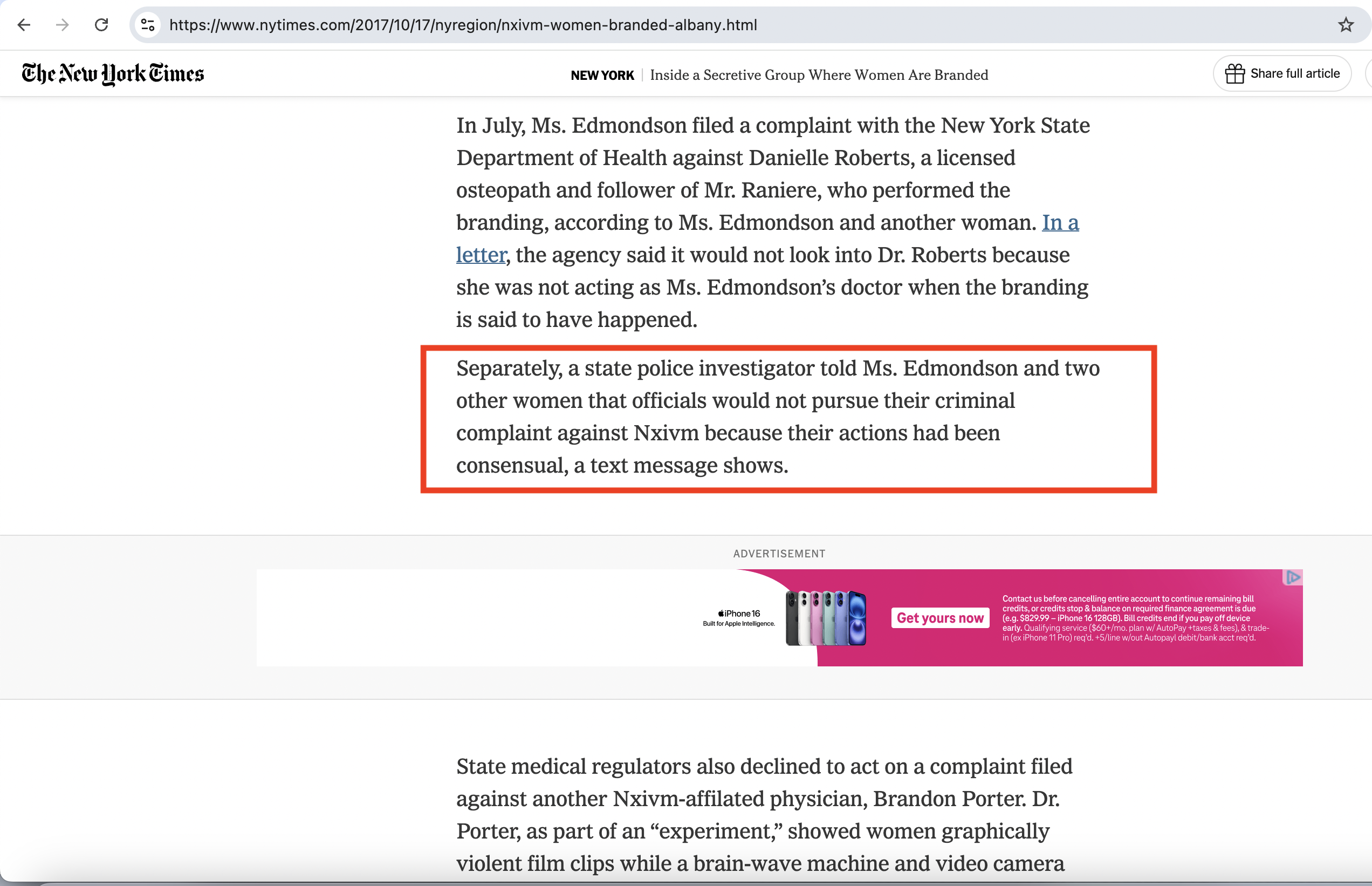 Screenshot of the October 2017 New York Times article quoting New York State Police describing the activities as consensual