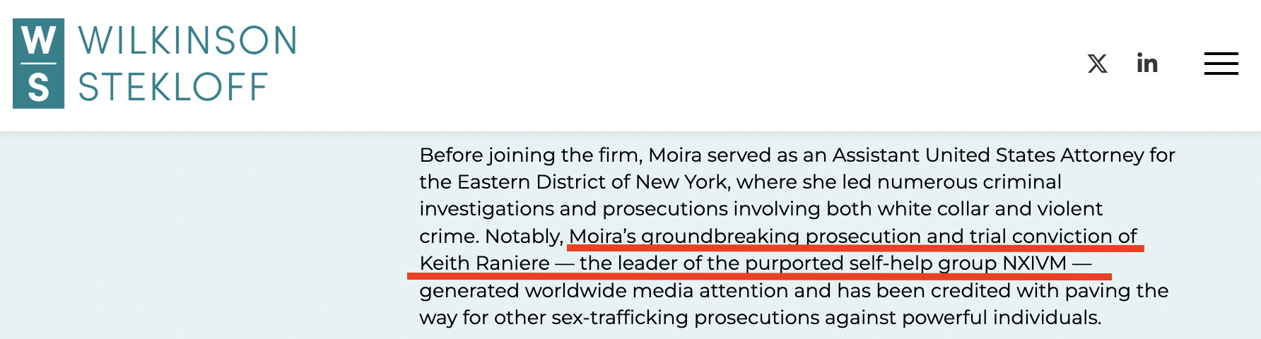 Moira Penza&rsquo;s Wilkinson Stekloff bio touting the Raniere prosecution as groundbreaking